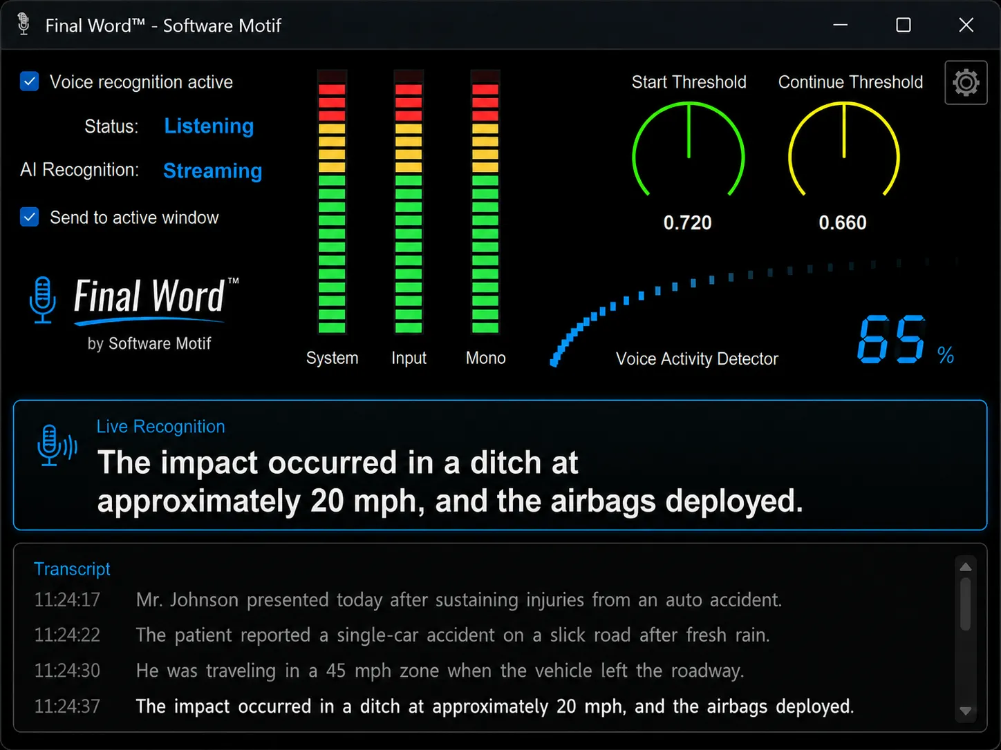 Final Word dashboard showing live transcription, audio meters, and voice activity detection